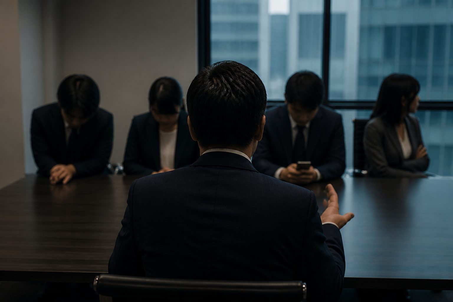 会議室ですれ違う人々の後ろ姿