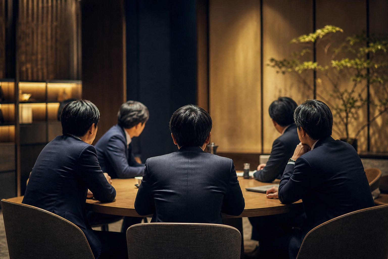 円卓を囲み前向きに話す職場の人々の後ろ姿